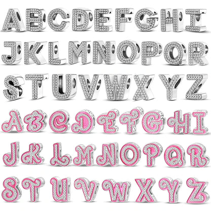 Charm letra alfabeto A-Z con circonias rosas en plata 925 – Abalorio elegante para pulseras tipo Pandora, joyería DIY personalizada
