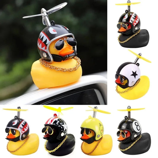Pato Amarillo Decorativo con Casco, Gafas y Hélice | Adorno Divertido para Coche, Moto o Bicicleta