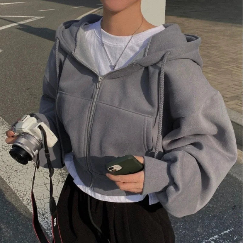 Sudadera Corta Mujer Azul Marino | Con Capucha Cremallera y Forro Polar Primavera Otoño