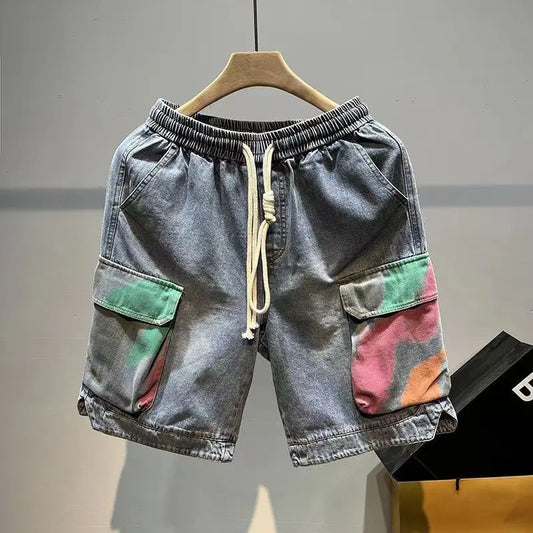 Shorts Vaqueros Hombre Hip Hop Multicolor | Denim Streetwear Coreano con Cordón