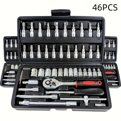 46/53pcs Juego de Dados y Llaves de Trinquete 1/4” – Kit de Herramientas Mecánicas para Reparación de Autos