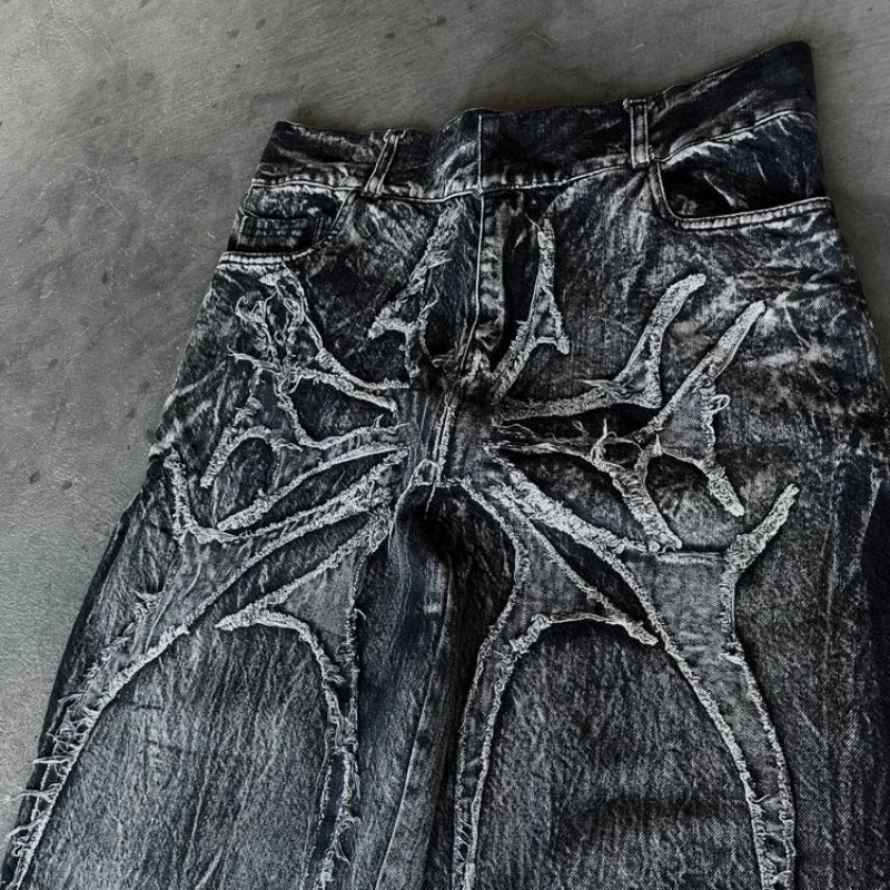 Jeans Oversize Y2K Phantom Unisex | Pantalones Baggy Estilo Hip Hop Streetwear con Parche Bordado Araña Gótico Retro