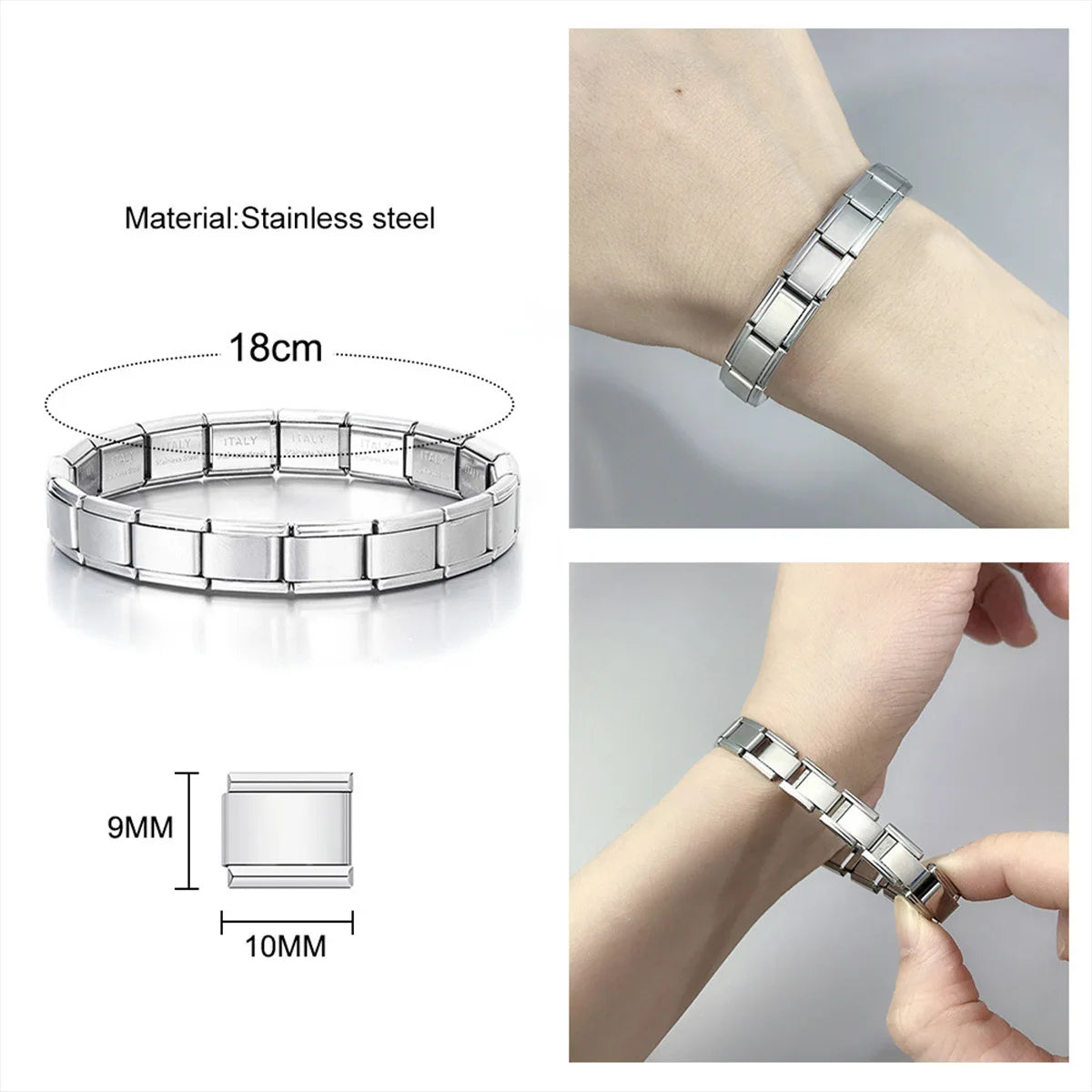 Pulsera Italiana Acero Inoxidable 18 Módulos - Diseño Unisex Cuadrado Hip Hop Ajustable