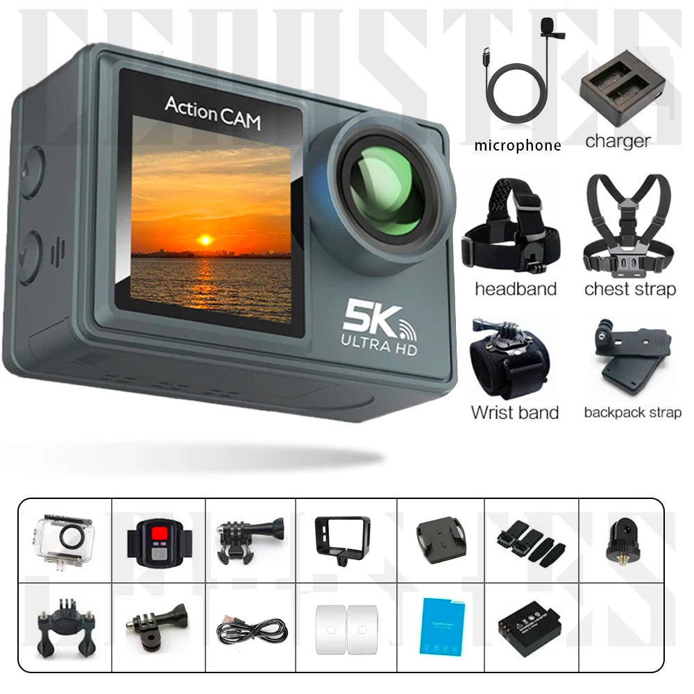Action Camera 5K/4K con Estabilizador Electrónico | Cámara Deportiva WiFi para Bicicleta, Casco y Deportes Extremos