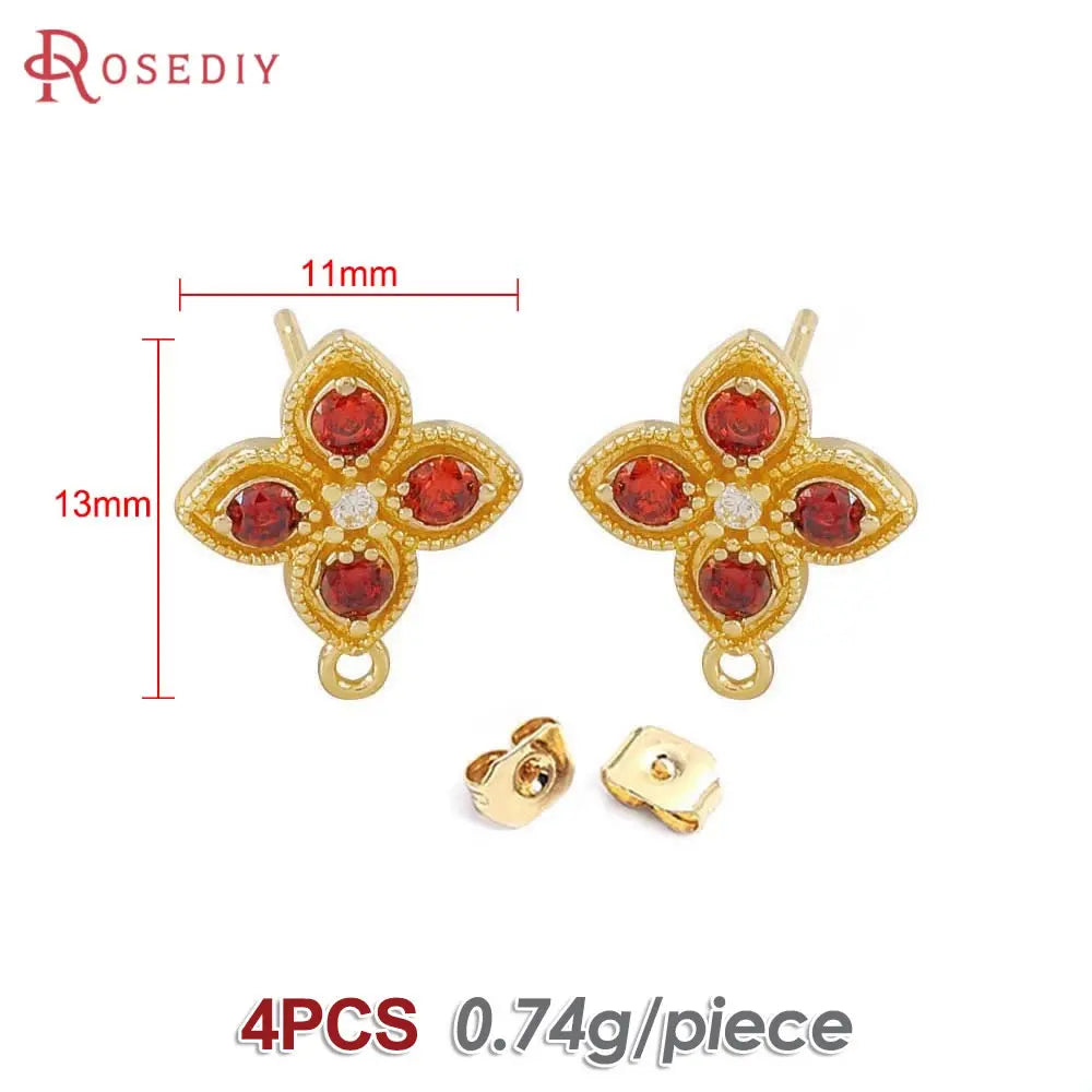 4PCS Aretes Flor Color Oro con Zirconia | Accesorios DIY Bisutería