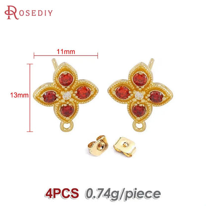 4PCS Aretes Flor Color Oro con Zirconia | Accesorios DIY Bisutería