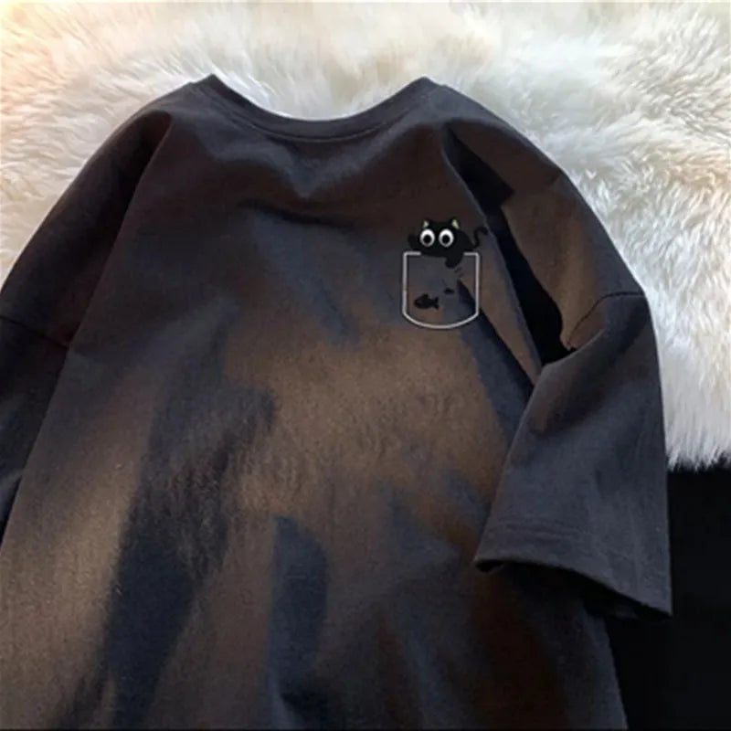 Set Camisetas Oversize Retro | Estampado Gato Negro Moda Americana Juvenil