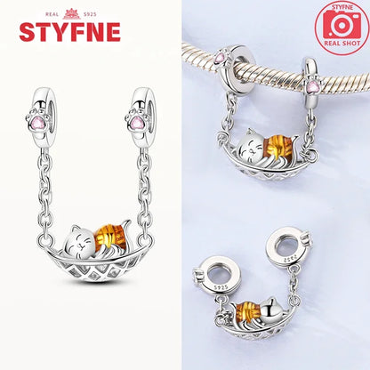 Charm Gato con Corazón de Plata 925 | Cadena de Seguridad para Pulseras Pandora Mujer