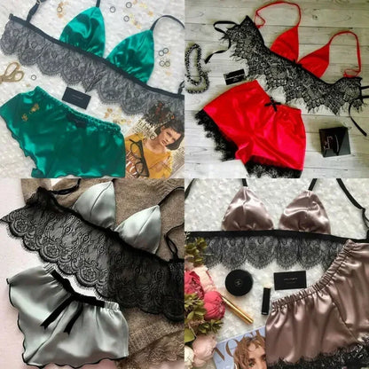 Conjunto Lencería Mujer 2025 | Bralette y Panty de Seda Satinada con Encaje