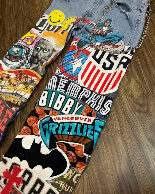 Jeans Hip Hop Talle Alto con Estampado de Caricaturas – Pantalones Y2K Oversize Pierna Ancha Unisex Estilo Rock Streetwear