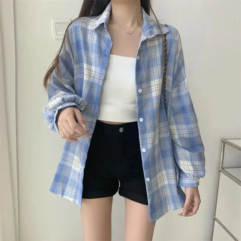 Camisa de Cuadros Mujer | Blusa Vintage Manga Larga Suelta Estilo Preppy Otoño