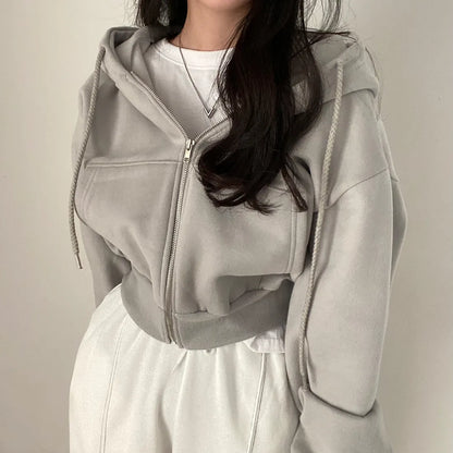 Hoodie Crop Top Oversize Mujer Y2K | Sudadera Zip Up Harajuku Casual con Cremallera