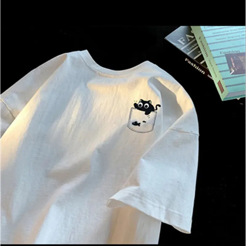 Set Camisetas Oversize Retro | Estampado Gato Negro Moda Americana Juvenil