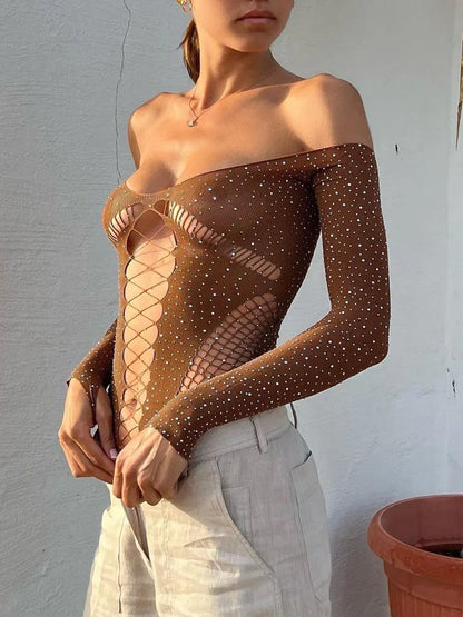 Body Mujer 2025 | Lencería Sexy de Malla Brillante con Rhinestones y Manga Larga