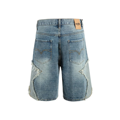 Shorts Jeans Baggy con Patchwork de Estrellas – Pantalones Denim Oversize Pierna Ancha Casual para Hombre