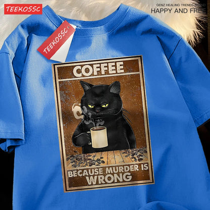 Camiseta Oversize “Because Murder Is Wrong” – T-shirt Black Cat, Algodón Transpirable, Streetwear Unisex, Manga Corta