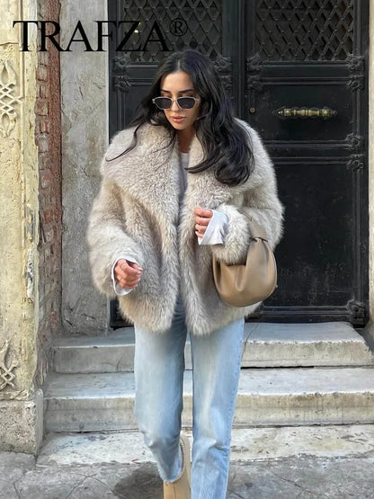 Chaqueta Corta Mujer Invierno | Abrigo Pelo Sintético con Cuello Solapa y Botones Snap Chic Elegante