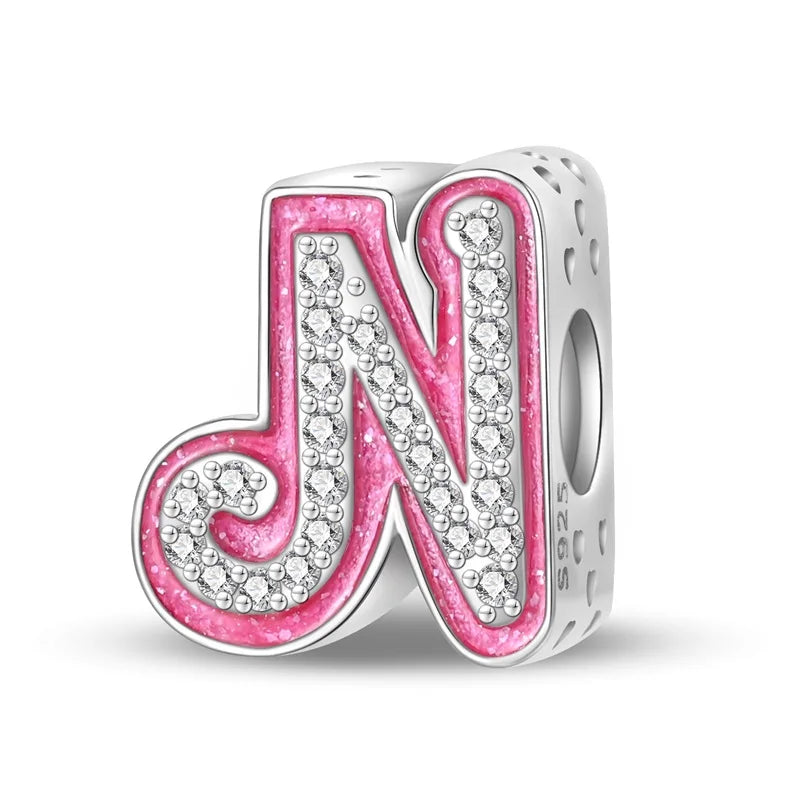Charm letra alfabeto A-Z con circonias rosas en plata 925 – Abalorio elegante para pulseras tipo Pandora, joyería DIY personalizada