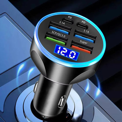 Cargador de Coche 100W con 6 Puertos – Adaptador USB Tipo C PD QC3.0 de Carga Rápida para iPhone, Samsung, Huawei, Xiaomi y Más
