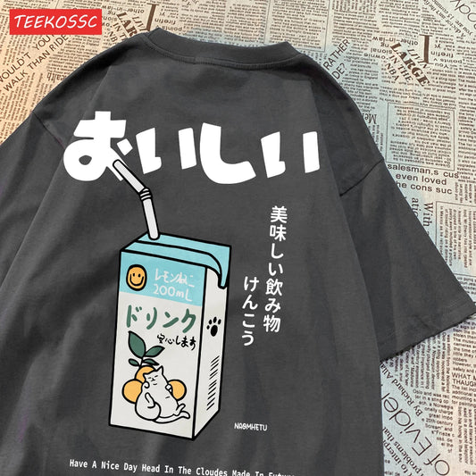 Camiseta Oversize Unisex Algodón | Estampado Japonés Gatito Harajuku Casual Verano
