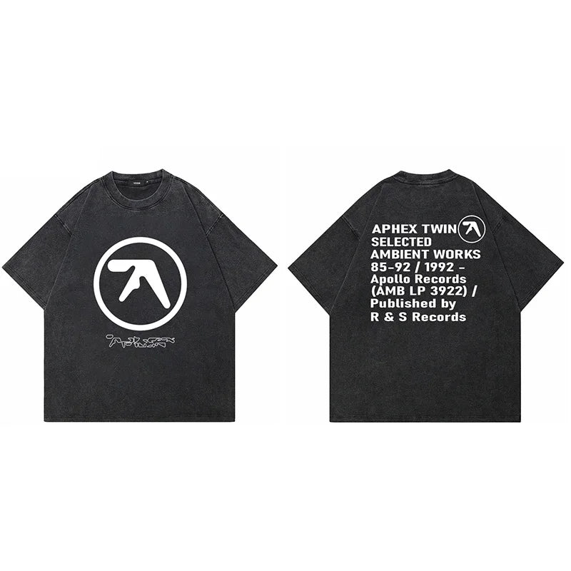 Camiseta Hombre Aphex Twin | Estampado Negro Lavado | Algodón Oversized Estilo Coreano Y2K