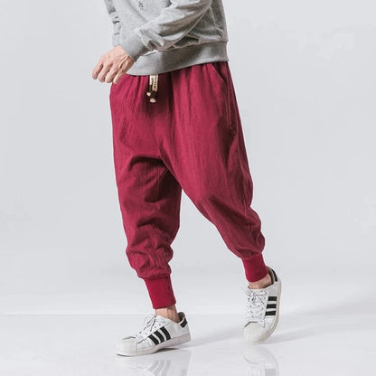 Pantalón Harem Hombre Algodón Lino | Jogger Holgado Streetwear Casual con Cintura Elástica