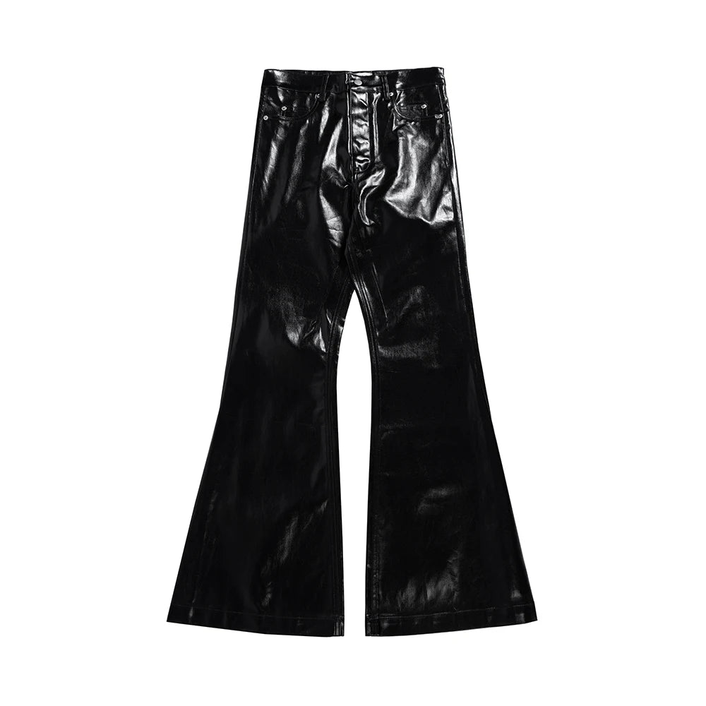 Pantalones Oversize PU Cuero Brillante Unisex | Wide Leg Rectos Acampanados Estilo High Street con Cinturón