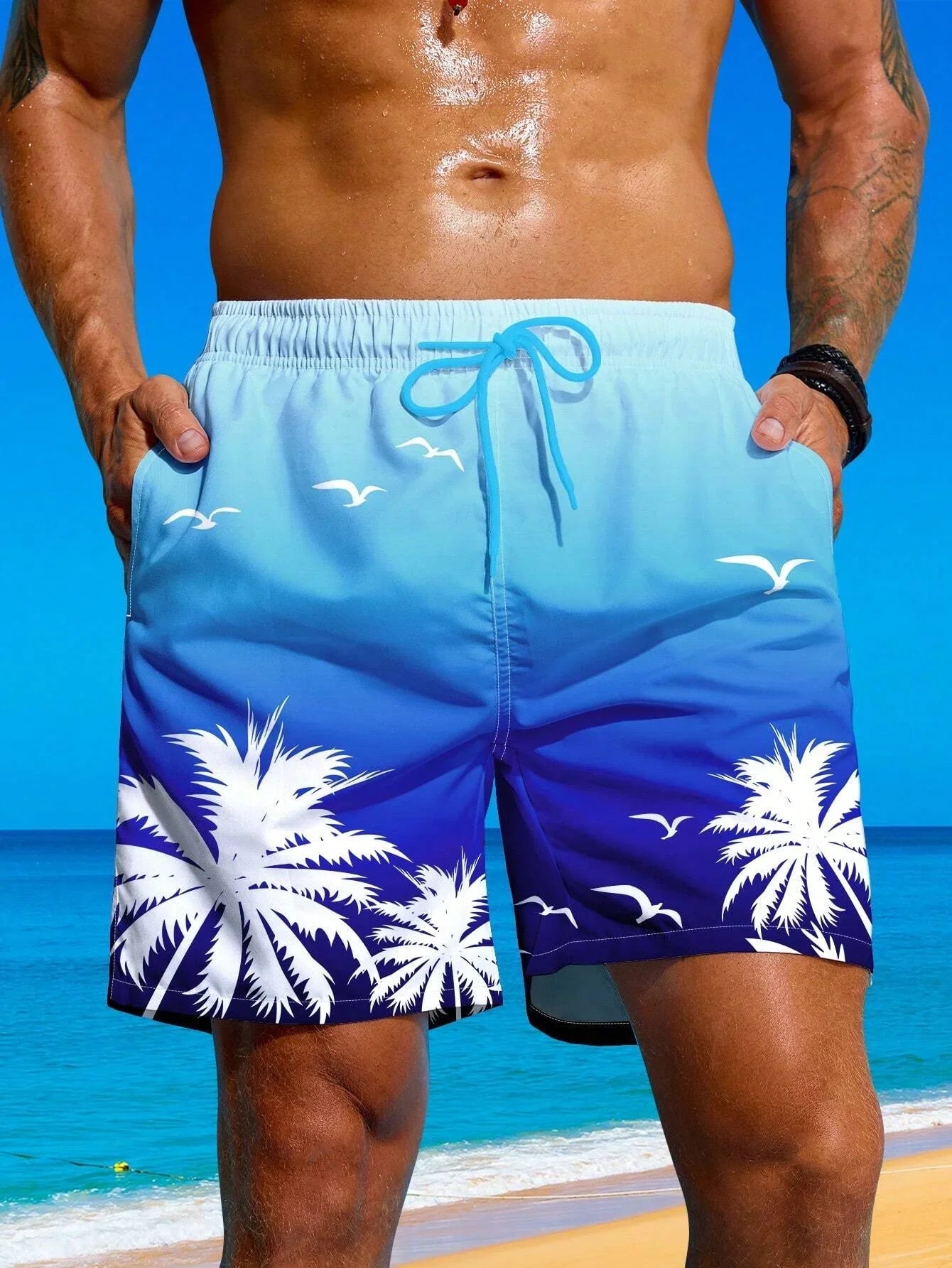 Pantaloneta de Playa para Hombre con Estampado de Palmeras 3D – Shorts de Baño con Cordón Ajustable, Verano Surf y Natación