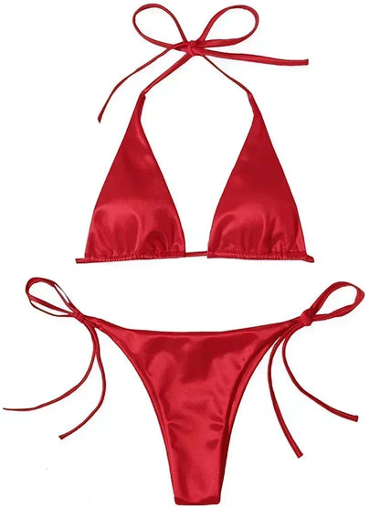 Bikini Brasileño Halter Mujer | Satinado Metálico Push Up 2 Piezas
