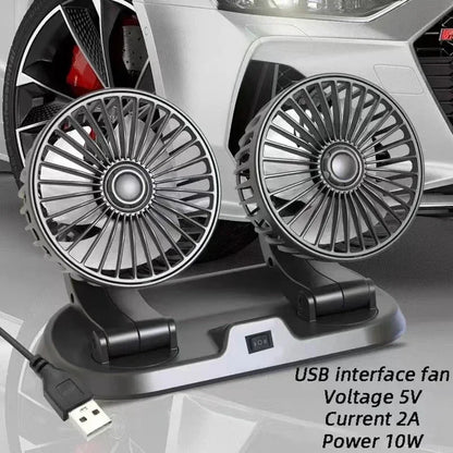Ventilador de Coche Multi-Voltaje | Doble Cabezal USB Enfriador | 2 Velocidades Ajustables | Compatible 5V/12V/24V | Ventilación Automática