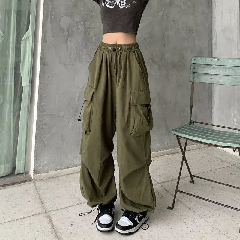 Women's loose oversized multi pocket black multi-color casual pants with wide legs