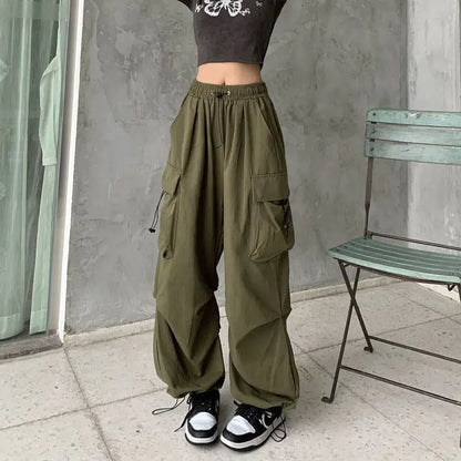 Women's loose oversized multi pocket black multi-color casual pants with wide legs