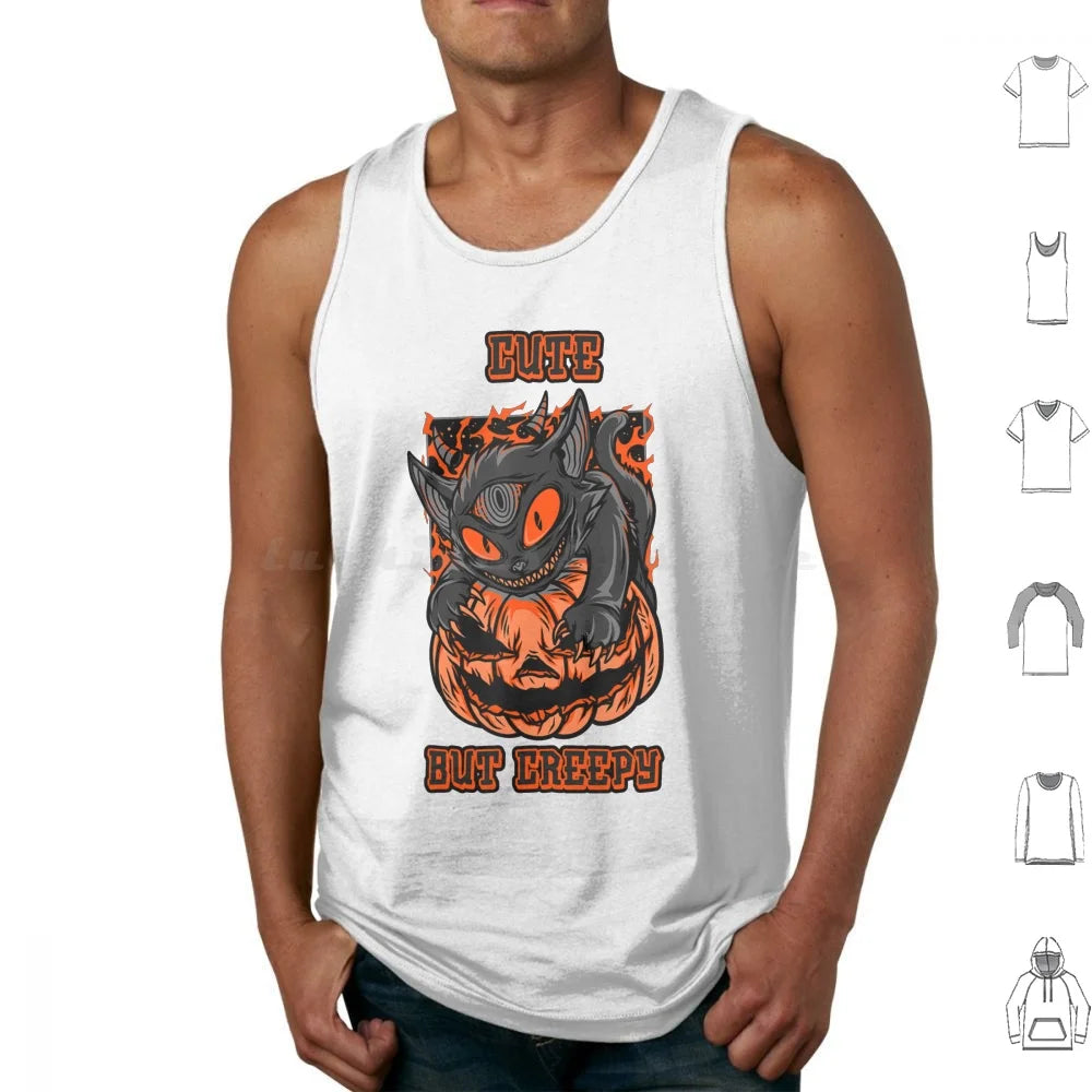 Camiseta Sin Mangas Psycho Cat y Calabaza – Algodón 100% Estilo Oversize Halloween Gótico para Hombre