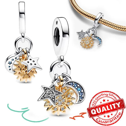 Charm Plata 925 Colgante Colorido Sol Luna Estrellas | Dije Compatible Pandora Pulsera y Collar Mujer