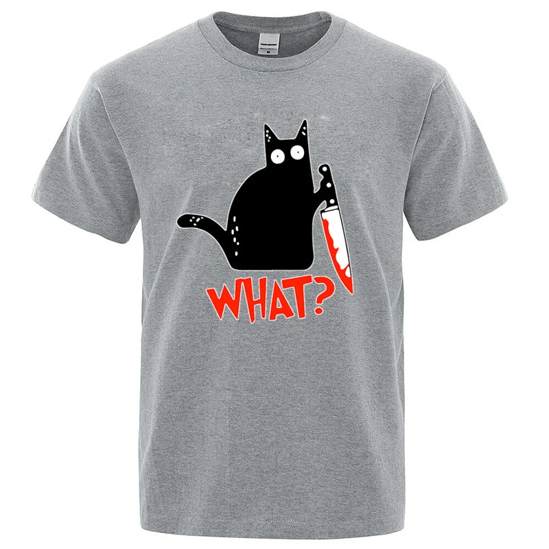 Camiseta Oversize “Funny Knife Cat” – T-shirt Cartoon, Manga Corta, Algodón Transpirable, Casual Verano para Hombre