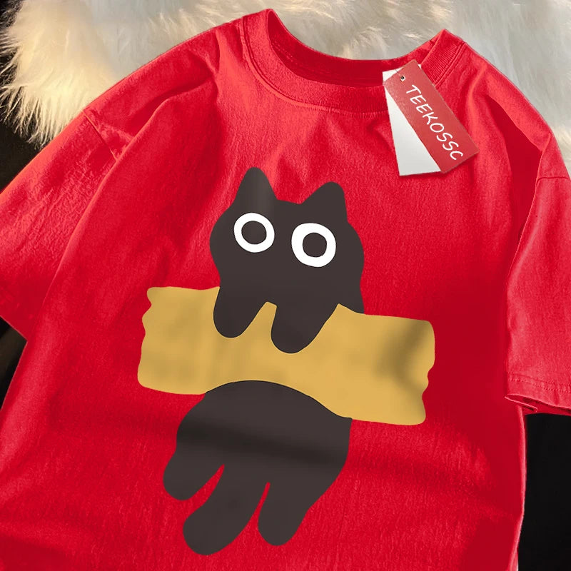 Camiseta Oversize con Estampado de Gato – T-shirt Manga Corta Estilo Japonés Unisex, Algodón, Cuello Redondo