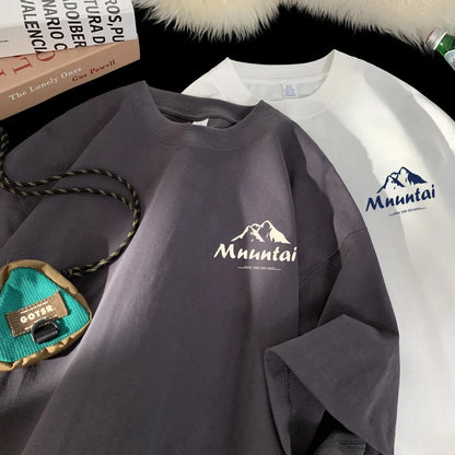 T-Shirts Pullover Oversize Tshirt Hong Kong Style Mountain Peak Letters Print T-shirts Oversized Half Sleeves Youth Tees