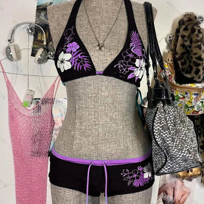 Bikini Vintage Y2K Mujer | 2 Piezas Estampado Flores Halter Playa