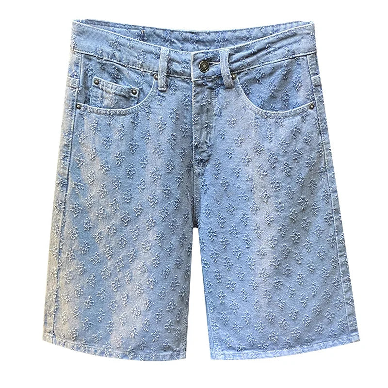 2025 new summer high-end denim shorts for men, loose straight leg oversized pants, retro embroidered five quarter pants