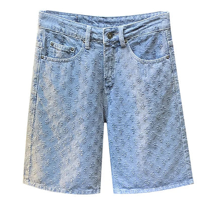 2025 new summer high-end denim shorts for men, loose straight leg oversized pants, retro embroidered five quarter pants