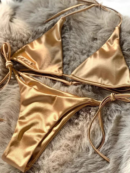 Bikini Brasileño Halter Mujer | Satinado Metálico Push Up 2 Piezas