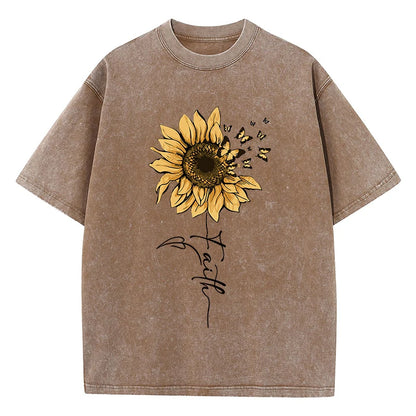 Camiseta Oversize Mujer Vintage Negra | Algodón Lavado Estampado Girasol y Mariposa
