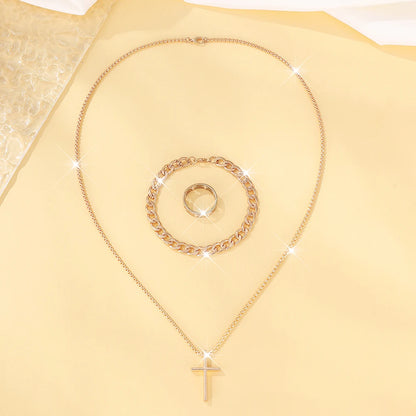 Set de Joyería para Hombre 3 Piezas – Collar con Cruz, Pulsera y Anillo en Acero Inoxidable Estilo Hip Hop