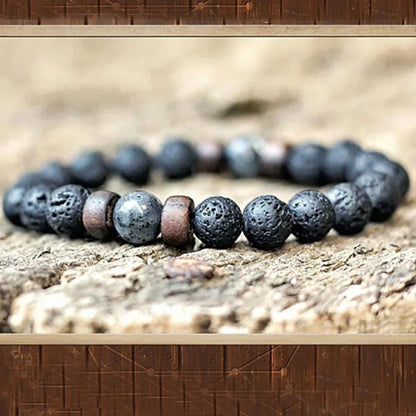 Pulsera de Piedra Volcánica de 8mm para Hombre – Lava y Madera con Buda Tibetano, Hecha a Mano, Elástica