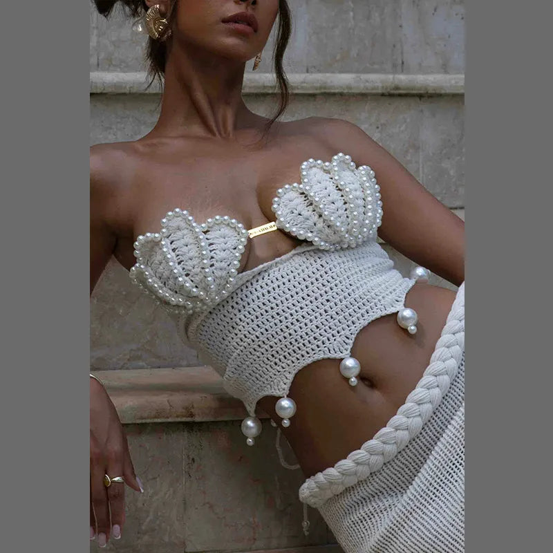 Conjunto Bikini Mujer 2025 | Crochet Hueco con Perlas Top y Falda Playa