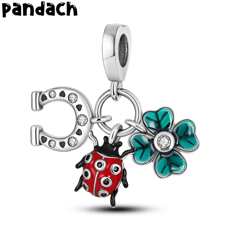 Charm de Plata S925 Mariquita de Siete Puntos y Trébol de la Suerte – Abalorio Colorido y Brillante para Pulseras Originales
