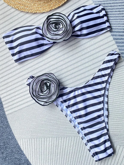 Bikini Brasileño Strapless Mujer | 3D Flores Bandeau 2 Piezas Playa