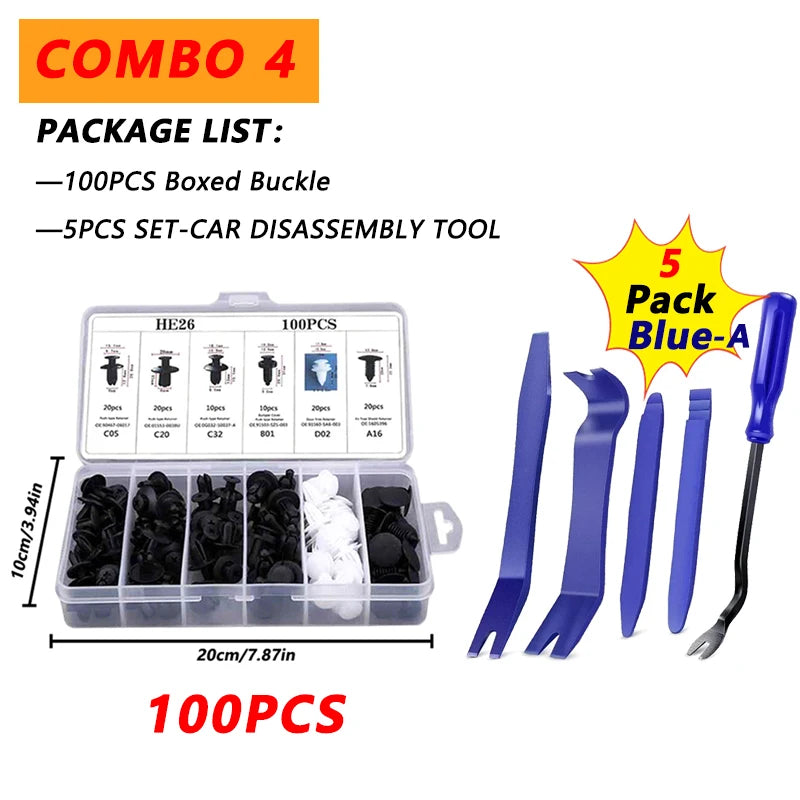 Kit 100 Clips Sujetadores Plásticos para Carro | Remaches Universales Puerta, Parachoques, Guardabarros + Herramienta