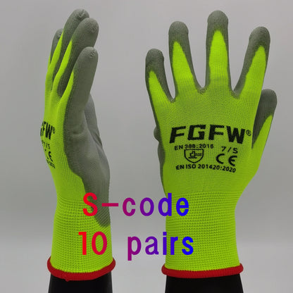 10 Pares Guantes de Trabajo PU 🧤 Antideslizantes, Resistentes y Ligeros – Guantes de Seguridad Certificados EN 388/ISO20471 (Tallas S/M/L/XL)