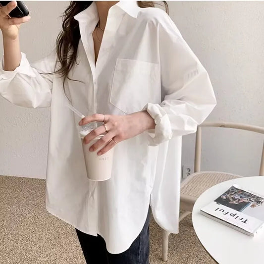 Blusa Mujer Elegante Oficina | Camisa Blanca Casual Algodón Manga Larga Cuello Camisero